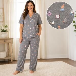 ED Ellen DeGeneres Pajama Set XL Cat Print Gray Button Front Lounge Sleepwear